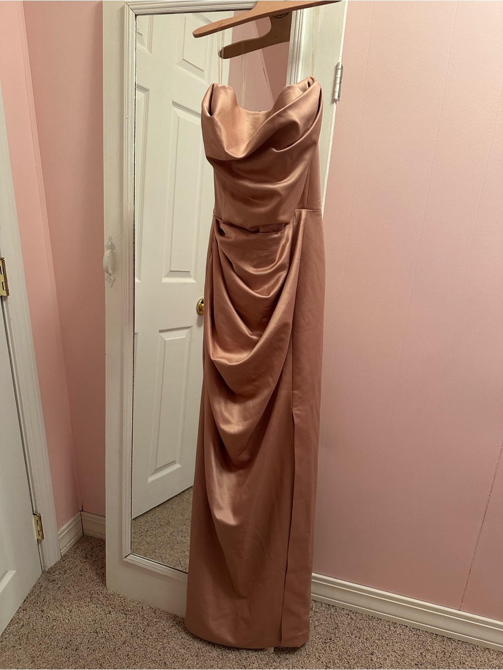 House of CB Adrienne satin strapless gown in blush pink